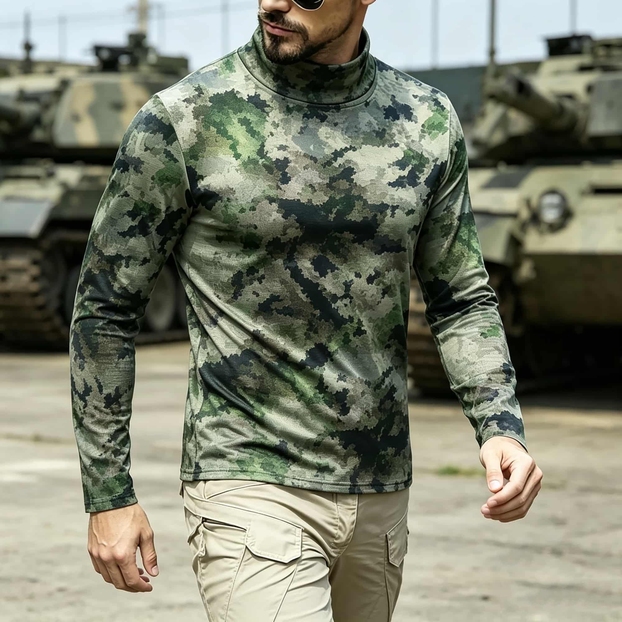 Base Layer Top - قميص رجالي تكتيكي بطبعة التمويه، برقبة